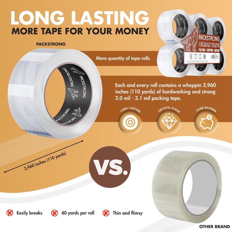 Packstrong Industrial Grade Clear Packing Tape 12 Rolls - 110 Yards per Roll - 2" Wide x 2 mil Thick, Acrylic Adhesive Tape for Box Office Moving Packaging Shipping - Image 3